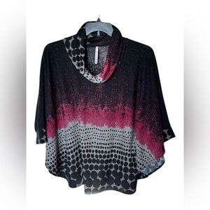 Harmony Pullover Black/Gray/Fuchsia Dots Cowl Neck Poncho Sweater Size Medium